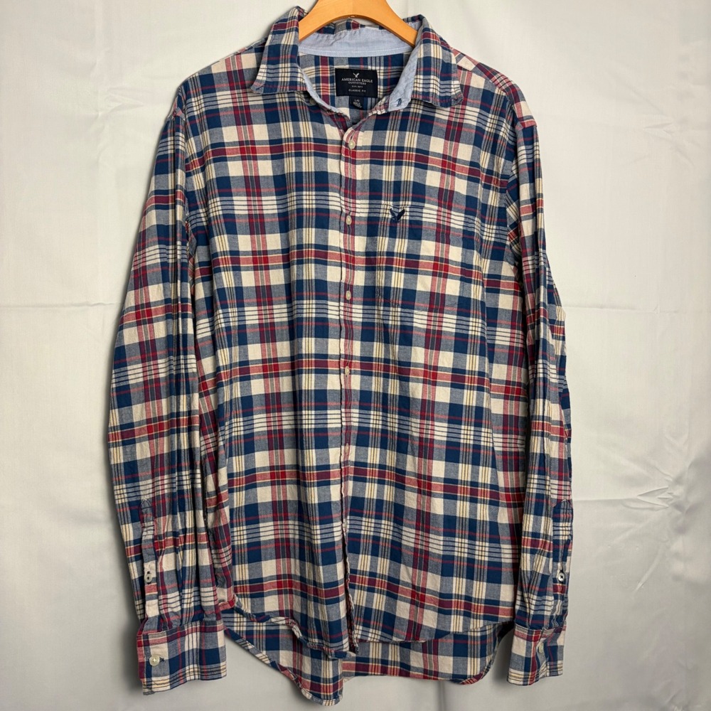 American Eagle Outfitters Men Large Classic Fit Plaid Button Down Shirt Blue Red